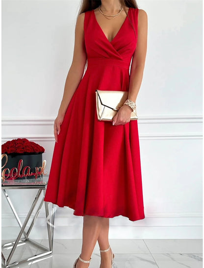 Women's Party Dress New Year's Eve Dress Homecoming Dress Cocktail Dress Midi Dress Light Pink Black Red Sleeveless Ruched Summer Spring V Neck Birthday