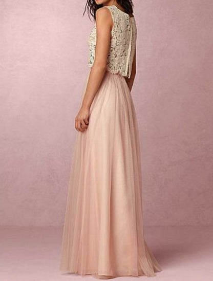 A-Line Bridesmaid Dress Jewel Neck Sleeveless Two Piece Floor Length Chiffon / Lace with Pleats