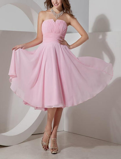 A-Line Bridesmaid Dress Strapless / V Neck Sleeveless Elegant Knee Length Chiffon / Satin / Shantung with Pleats / Draping / Ruching