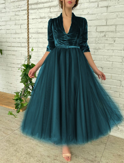 Ball Gown Cocktail Dresses Elegant Dress Party Wear Quinceanera Ankle Length Half Sleeve V Neck Tulle with Sash / Ribbon Buttons Splicing