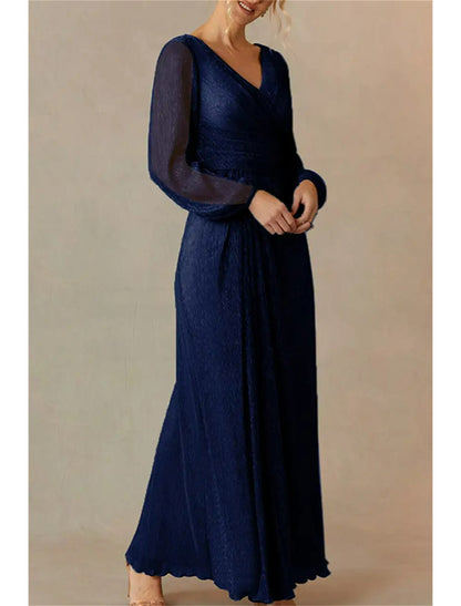 A-Line Mother of the Bride Dress Wedding Guest Simple Sparkle & Shine Elegant V Neck Ankle Length Polyester Long Sleeve with Side Draping Solid Color