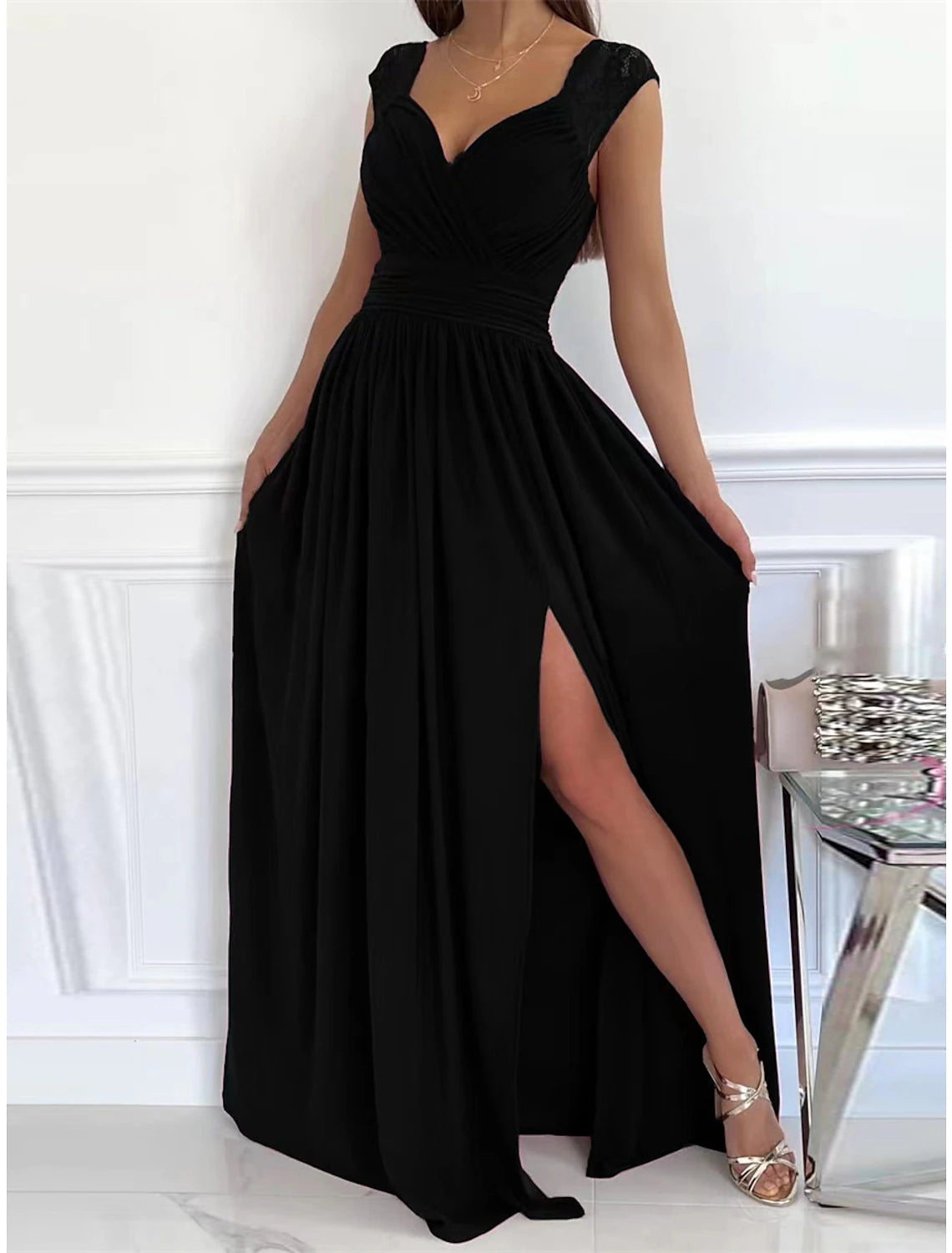 Women‘s Little Black Dress Prom Dress Christmas Party Dress Lace Dress Long Dress Maxi Dress Black Pink Wine Sleeveless Lace Spring Fall Winter V Neck Christmas Birthday Black Cocktail Dress