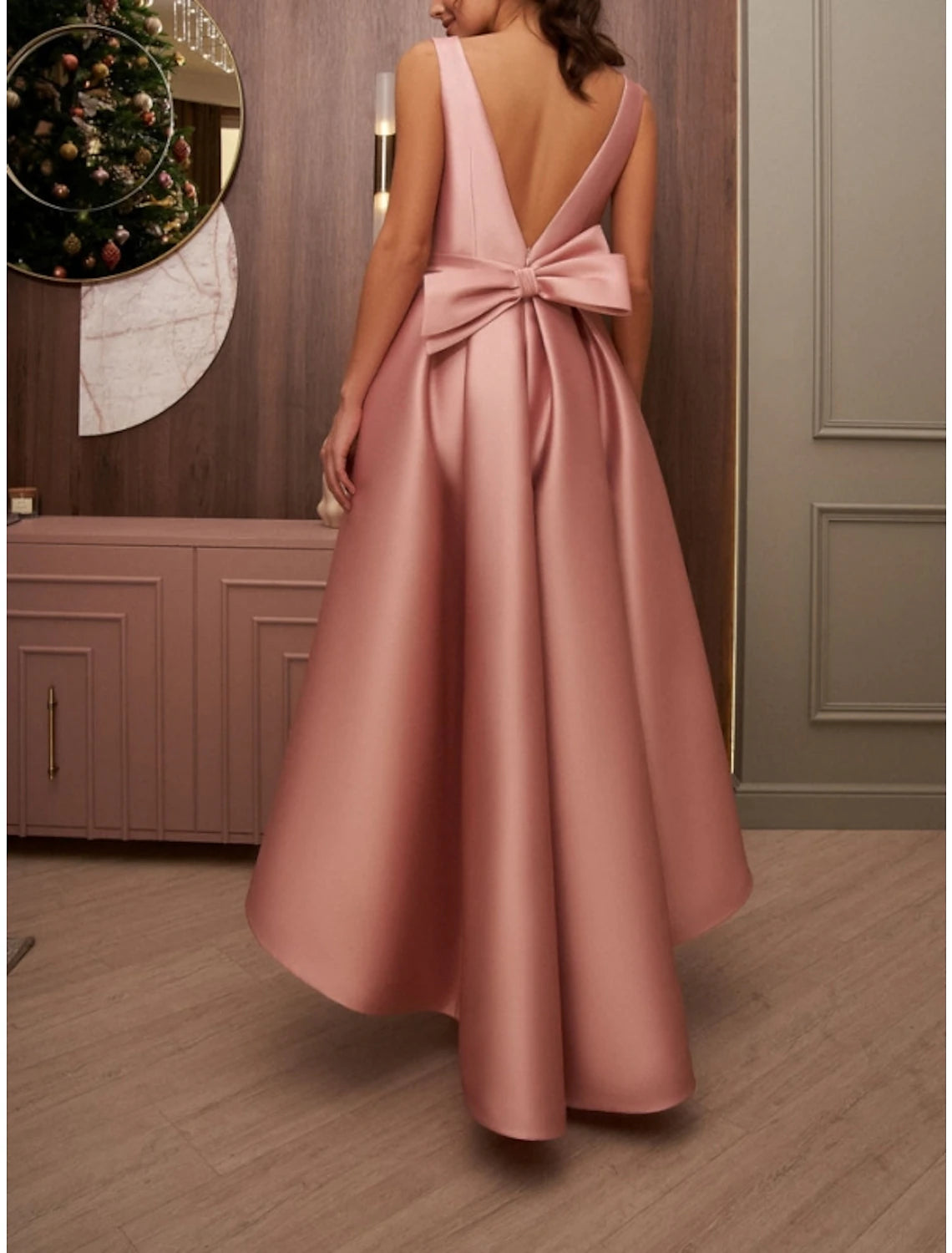 A-Line Cocktail Dresses Party Dress Wedding Wedding Guest Asymmetrical Sleeveless V Neck Satin with Bow(s) Pleats