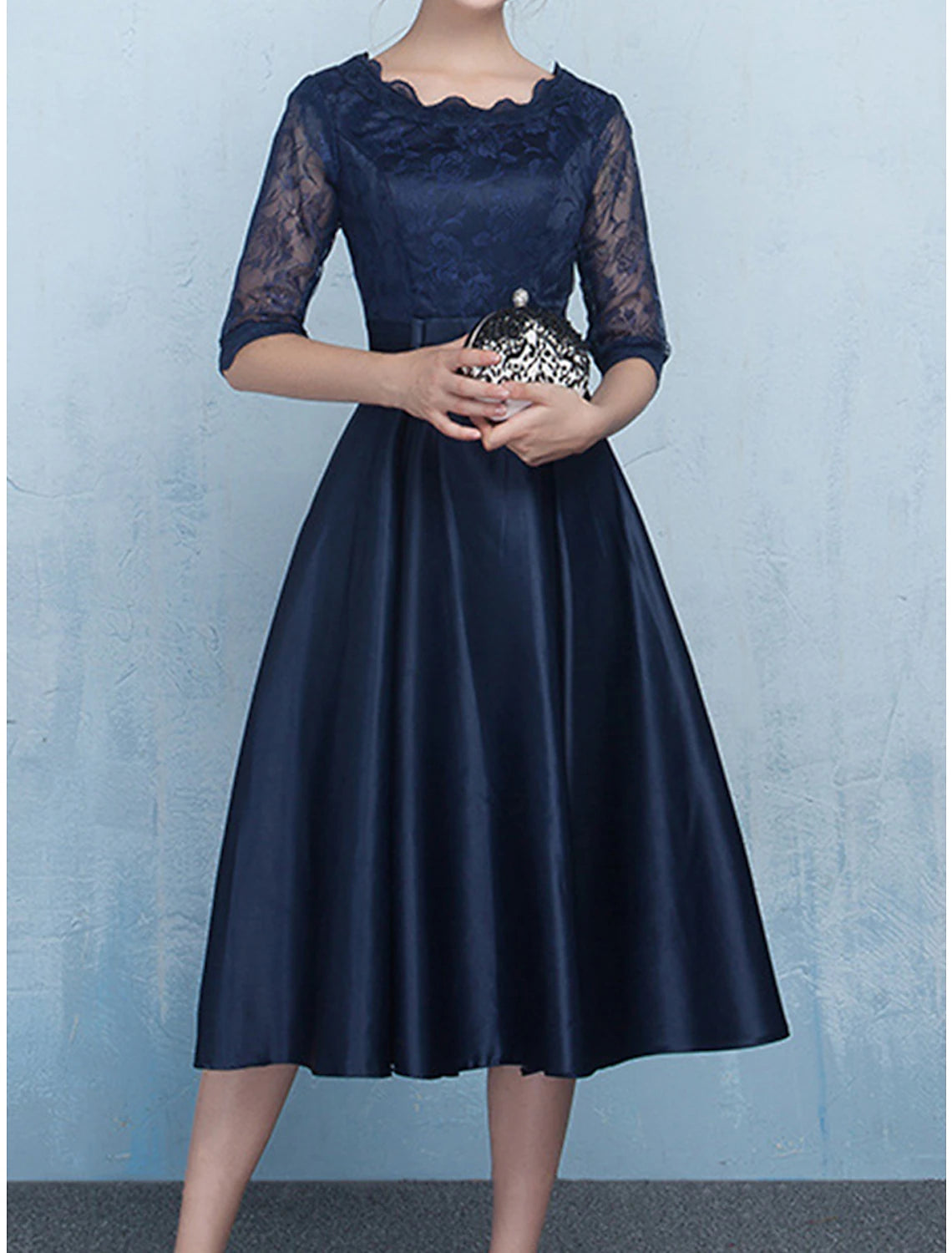 Women's Party Dress Black Dress Lace Dress Cocktail Dress Midi Dress Black Champagne Red Half Sleeve Pure Color Lace Spring Fall Winter Crew Neck Fashion Wedding Guest