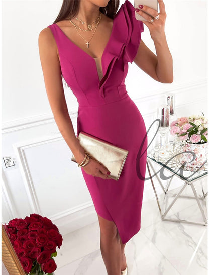 Women's Party Dress Cocktail Dress Wedding Guest Dress Midi Dress Pink Blue Rose Sleeveless Pure Color Ruffle Fall Winter Autumn V Neck Fashion Winter Dress Wedding Guest Birthday