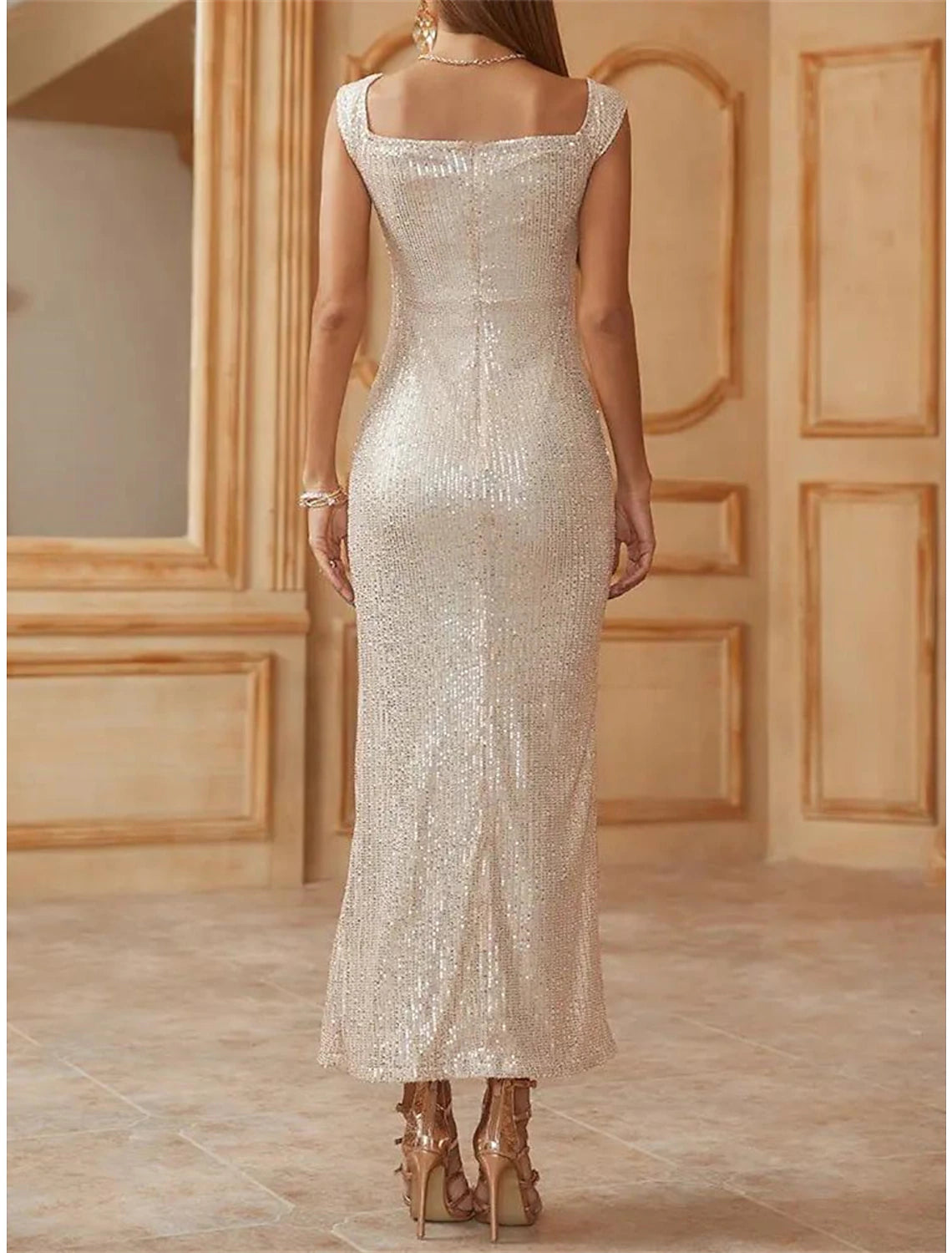 Women's Party Dress Cocktail Dress Wedding Guest Dress Long Dress Maxi Dress Silver Sleeveless Pure Color Sequins Fall Winter Autumn U Neck Fashion Winter Dress Wedding Guest Evening Party