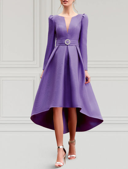 A-Line Cocktail Dresses Elegant Dress Formal Wedding Guest Asymmetrical Long Sleeve Jewel Neck Belt / Sash Taffeta with Pleats