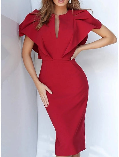 Sheath / Column Reformation Amante Elegant Wedding Guest Formal Evening Valentine's Day Dress V Neck Short Sleeve Knee Length Jersey with Sleek