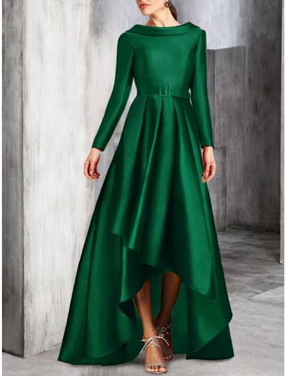 A-Line Cocktail Dresses Party Dress Birthday Fall Asymmetrical Long Sleeve Scoop Neck Satin with Pleats Strappy