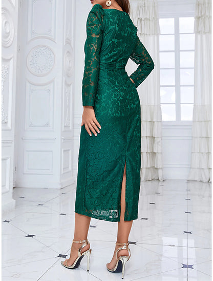 Women's Party Dress Green Christmas Dress Lace Dress Cocktail Dress Midi Dress Green Long Sleeve Pure Color Lace Spring Fall Winter Square Neck Winter Dress Christmas