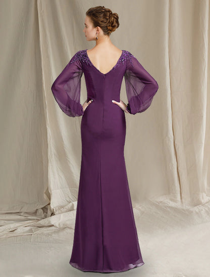 Sheath / Column Mother of the Bride Dress Elegant Jewel Neck Floor Length Chiffon Long Sleeve with Beading