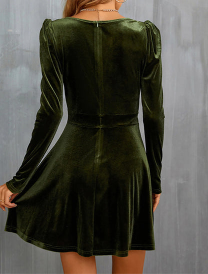 Women‘s Wedding Guest Dress Green Velvet Casual V Neck Ruched Dress Homecoming Dress Party Dress Dress Wine Army Green Black Long Sleeve Pure Color Winter Fall Dress