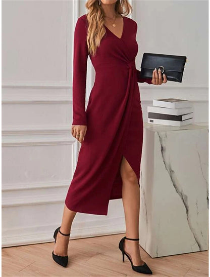 Women's Party Dress Red Christmas Dress Cocktail Dress Dress Midi Dress Wine Long Sleeve Pure Color Split Spring Fall Winter V Neck Winter Dress Christmas