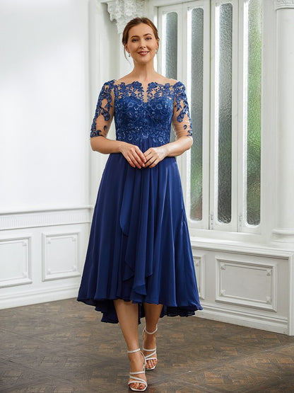 A-Line/Princess Chiffon Applique Bateau 1/2 Sleeves Tea-Length Mother of the Bride Dresses