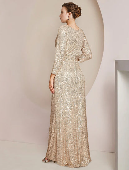 Sheath / Column Mother of the Bride Dress Formal Wedding Guest Sparkle & Shine Elegant V Neck Floor Length Sequined 3/4 Length Sleeve with Split Front