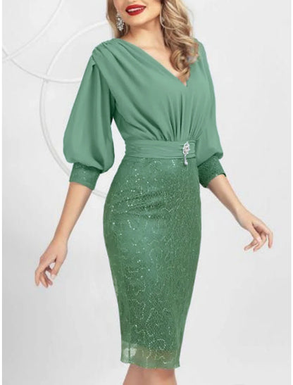 Sheath / Column Mother of the Bride Dress Wedding Guest Party Elegant V Neck Knee Length Chiffon Lace Half Sleeve with Sequin Split Front Crystal Brooch