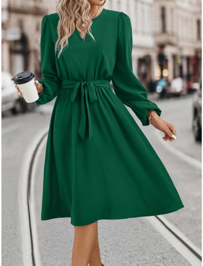 Women's Party Dress Cocktail Dress Wedding Guest Dress Midi Dress Black Dark Green Dark Blue Long Sleeve Plain Lace up Summer Spring Fall Split Neck Party Wedding Guest Vacation