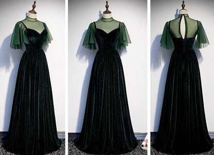 Fashionable Dark Green Velvet Long Party Gown Green Bridesmaid Dress