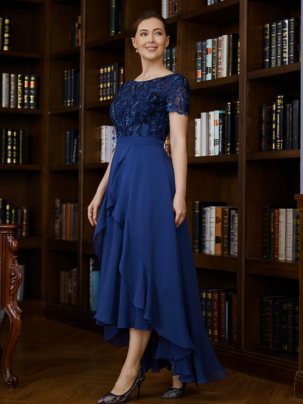 A-Line/Princess Chiffon Applique Bateau Short Sleeves Asymmetrical Mother of the Bride Dresses