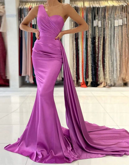 Mermaid One Shoulder Elastic Satin Bridesmaid Dress With Ribbon