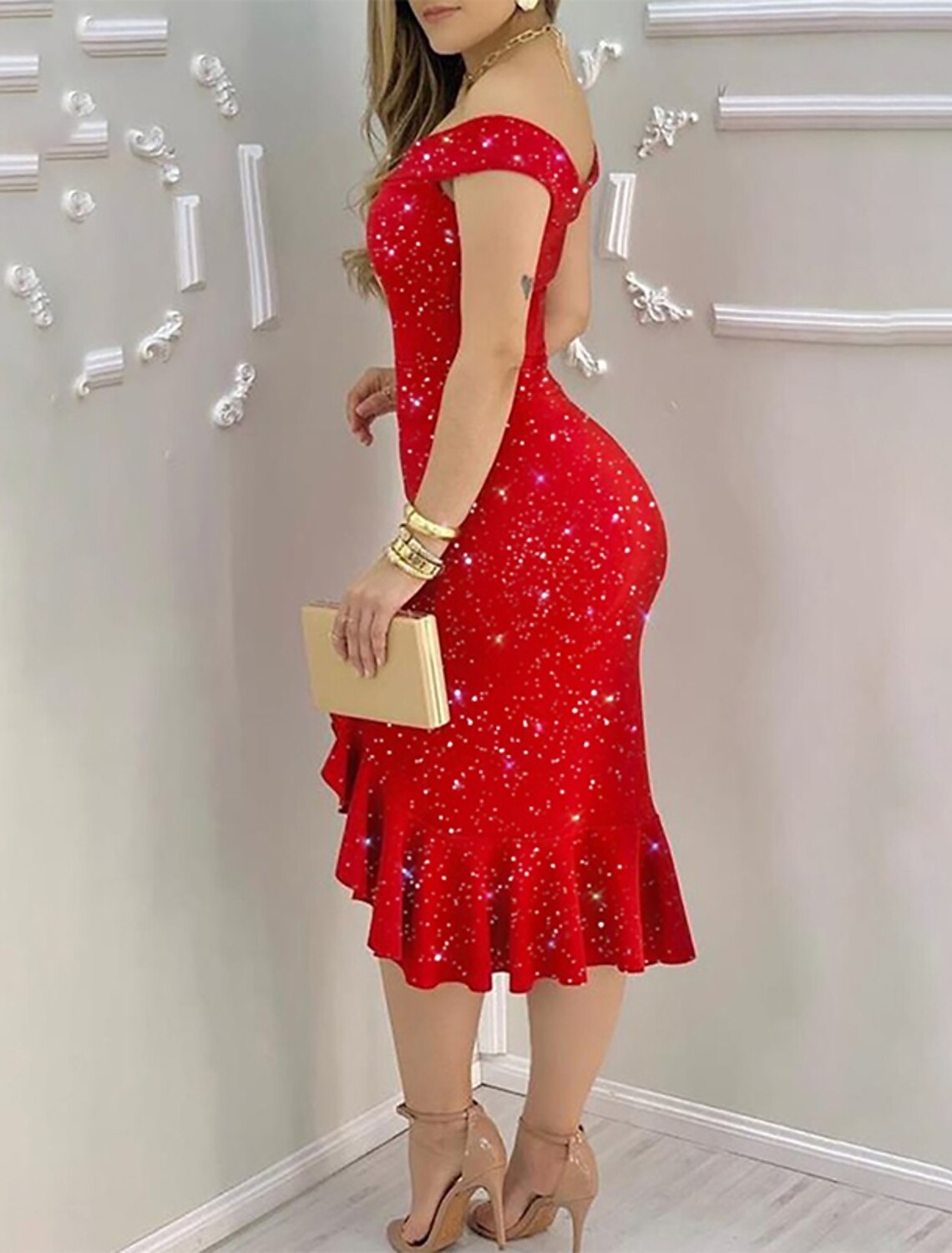 Women's Party Dress Sheath Dress Knee Length Dress Red starry sky Dark blue starry sky Blue Red Black Sleeveless Elk Ruffle Split Spring Summer Off Shoulder Elegant Formal Modern Party