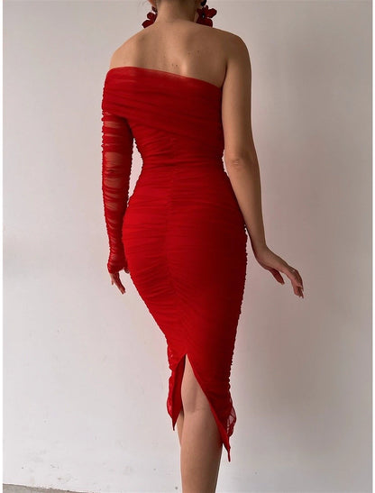 Women‘s Black Dress Cocktail Dress Party Dress Wedding Guest Dress Bodycon Midi Dress Red Long Sleeve Ruched Spring Fall Winter One Shoulder Party Birthday Evening Party Wedding Guest Slim