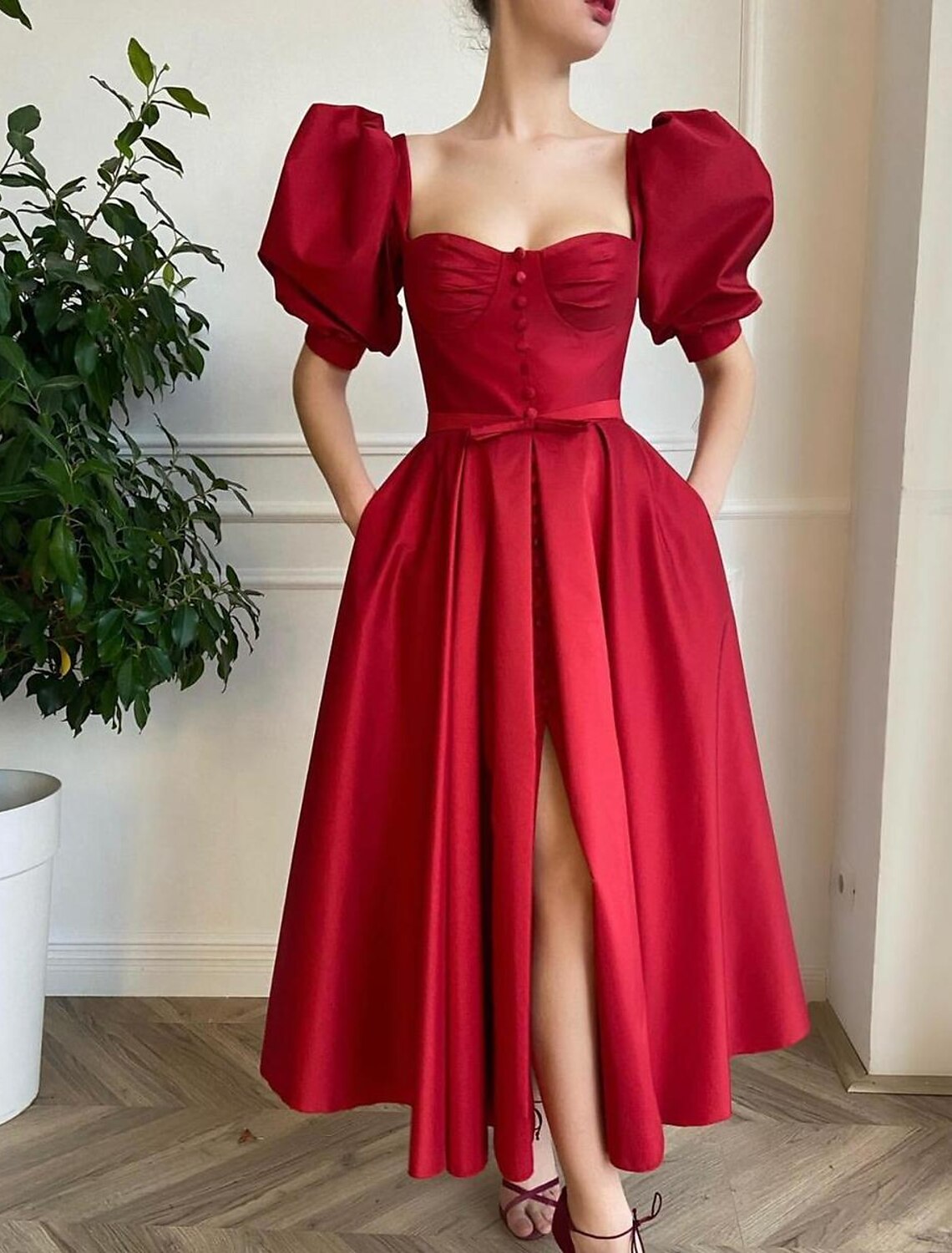 A-Line Cocktail Dresses Vintage Dress Party Wear Wedding Guest Tea Length Half Sleeve Square Neck Satin with Bow(s) Buttons Slit