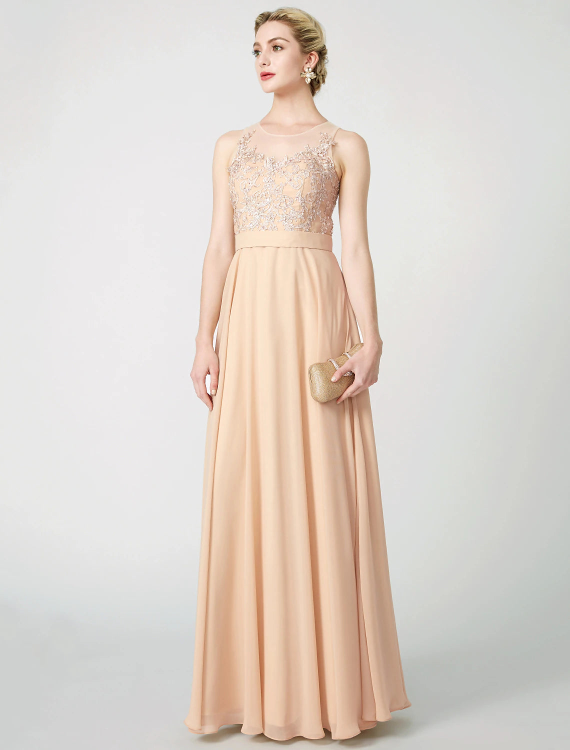 A-Line Classic & Timeless Keyhole Pastel Colors Holiday Cocktail Party Prom Dress Illusion Neck Sleeveless Floor Length Chiffon Beaded Lace with Pleats Appliques