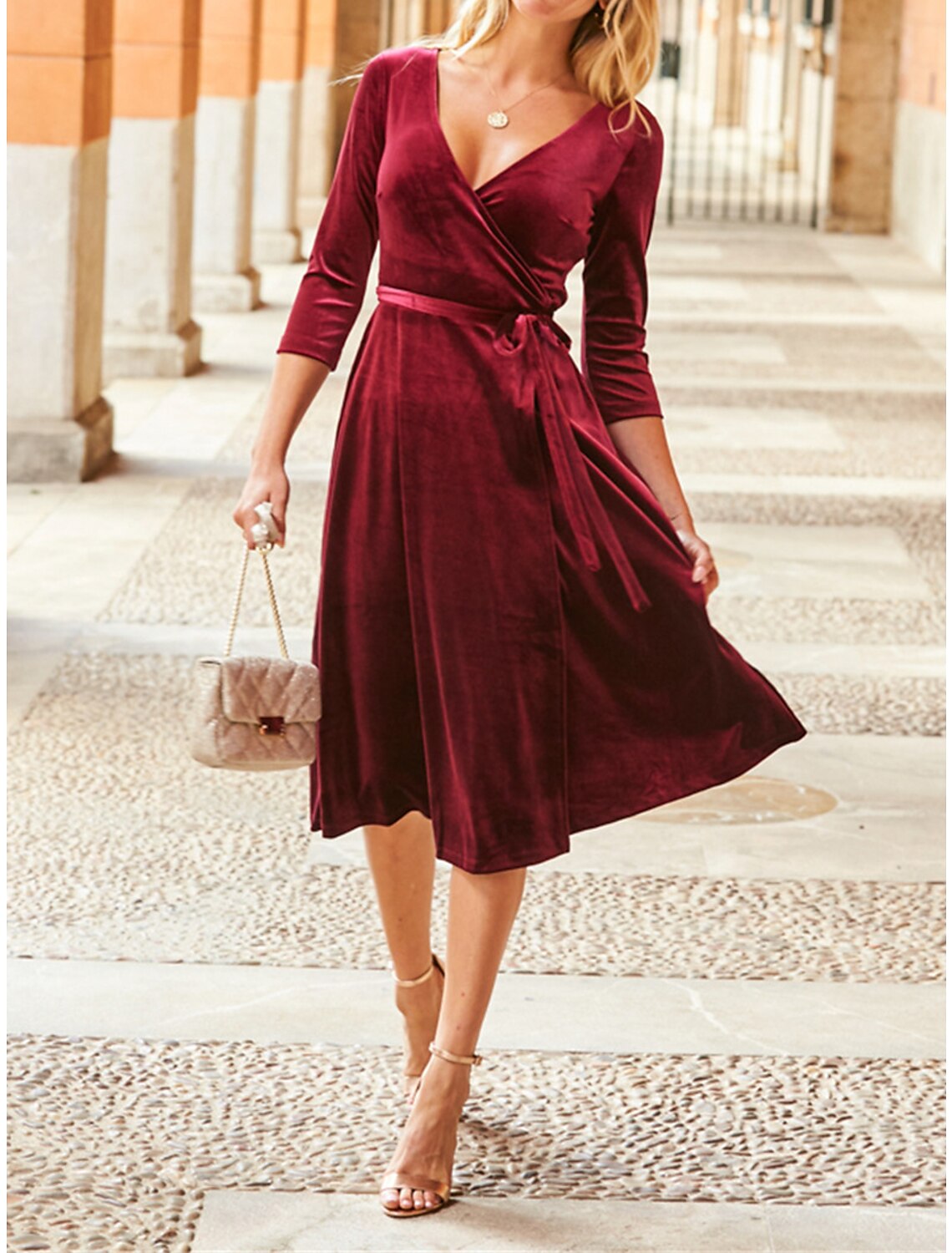 Women's Velvet Dress Red Christmas Party Dress Cocktail Dress Midi Dress Wine 3/4 Length Sleeve Pure Color Lace up Spring Fall Winter V Neck Winter Dress Red Christmas Wedding Guest