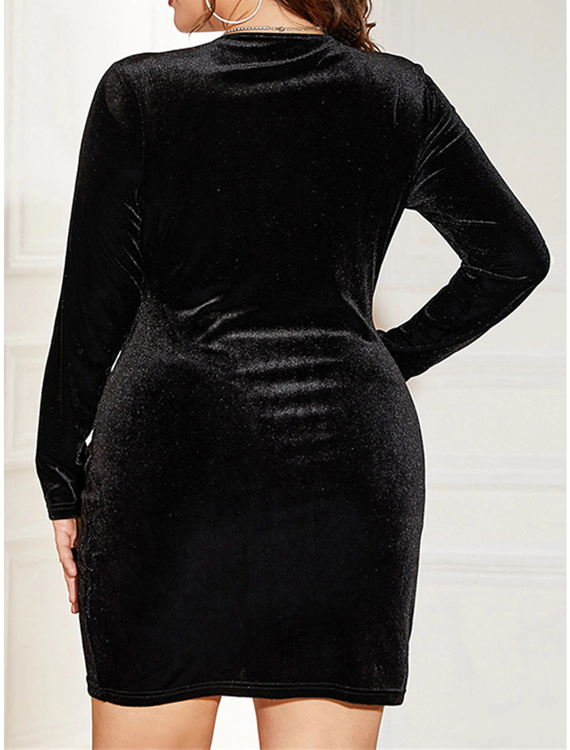 Women's Plus Size Black Dress Velvet Dress Party Dress Mini Dress Black Long Sleeve Pure Color Ruched Fall Winter Autumn V Neck Fashion Winter Dress Wedding Guest Vacation