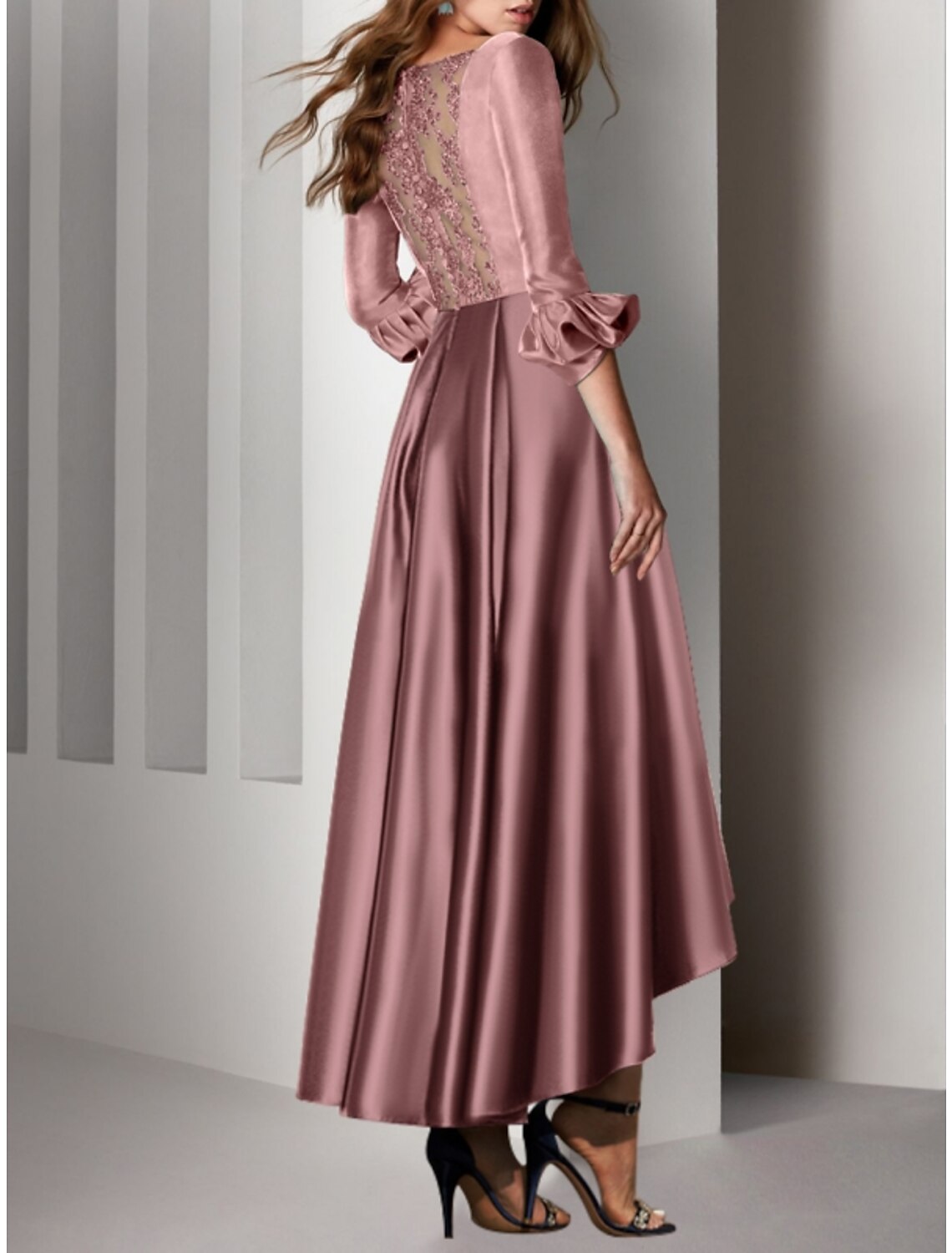 A-Line Cocktail Dresses Party Dress Wedding Guest Birthday Asymmetrical 3/4 Length Sleeve V Neck Satin with Bow(s) Pleats