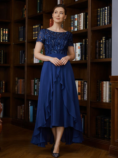 A-Line/Princess Chiffon Applique Bateau Short Sleeves Asymmetrical Mother of the Bride Dresses