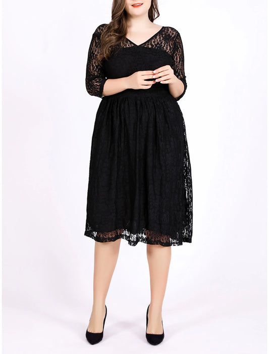 Women's Plus Size Curve Black Dress Party Dress Lace Dress Solid Color Midi Dress 3/4 Length Sleeve Lace V Neck Elegant Party Black Spring