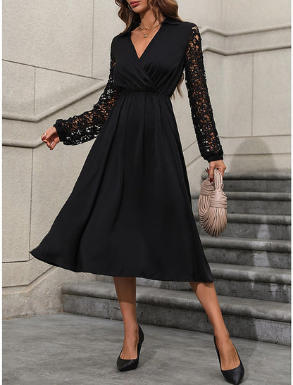 Women's Black Dress Party Dress Lace Dress Midi Dress Black Long Sleeve Plain Lace Summer Spring Fall V Neck Elegant Wedding Guest Vacation Spring Dress