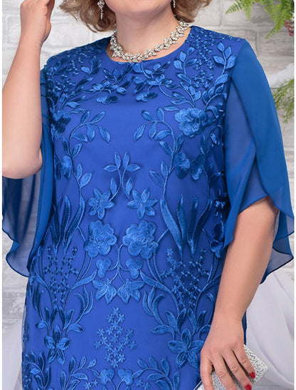 Women's Plus Size Curve Party Dress Lace Dress Cocktail Dress Midi Dress Blue 3/4 Length Sleeve Leaf Lace Summer Spring Fall Crew Neck Fashion Wedding Guest