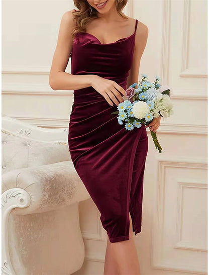 Women's Party Dress Green Velvet Dress Cocktail Dress Midi Dress Black White Wine Sleeveless Pure Color Ruched Fall Autumn Spaghetti Strap Fashion Wedding Guest Birthday