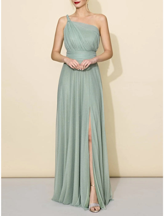 A-Line Bridesmaid Dress One Shoulder Sleeveless Elegant Floor Length Tulle with Split Front / Ruching