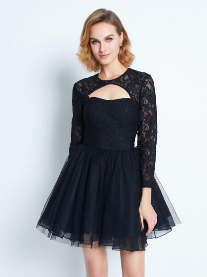 A-Line/Princess High Neck Long Sleeves Lace Short/Mini Net Dresses