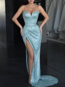 Buyishang Sheath/Column V-neck Sequined Sweep Train Prom Dresses With Split Front