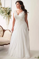 Buyishang Sheath V-Neck Appliqued Cap-Sleeve Chiffon Wedding Dress With Ruching And Keyhole