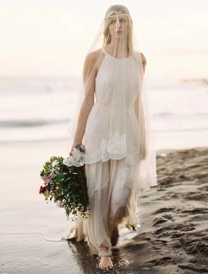 Beach Open Back Boho Wedding Dresses A-Line Halter Neck Sleeveless Sweep / Brush Train Chiffon Bridal Gowns With Solid Color