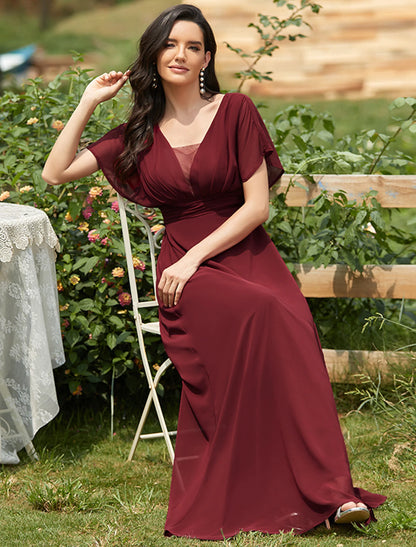 A-Line Elegant Formal Evening Dress V Neck Short Sleeve Floor Length Chiffon with Draping