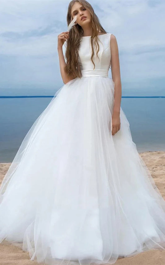 Buyishang Simple Ball Gown Satin Tulle Bateau Sleeveless Wedding Dress With Bow and Ribbon