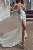 Buyishang Simple V-Neck Strapless Ruched With Side Slit Beach Wedding Dress