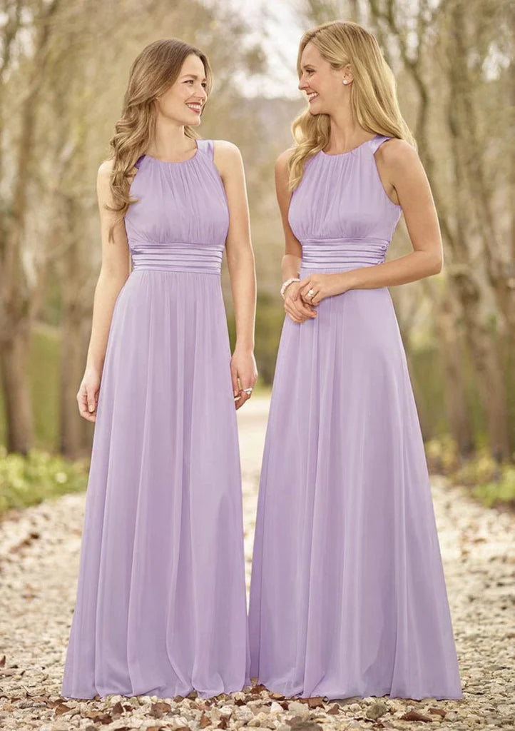 Sleeveless A-line Scoop Neck Floor-Length Lilac Chiffon Wedding Party Bridesmaid Dress