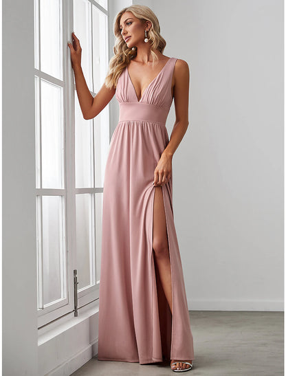 A-Line Prom Party Dress High Split Dress Wedding Guest Formal Evening Floor Length Sleeveless V Neck Bridesmaid Dress Chiffon V Back with Slit Pure Color