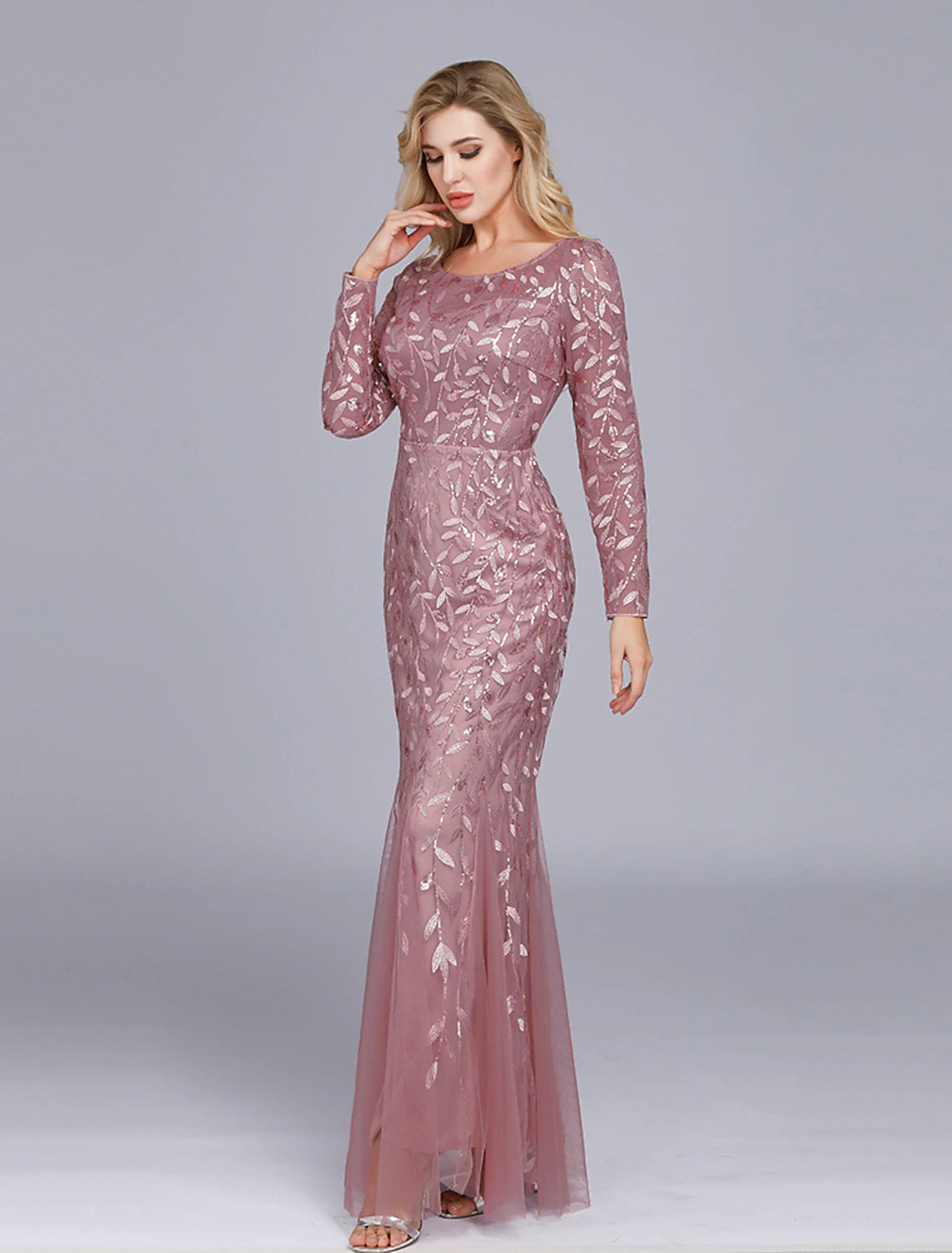 Mermaid / Trumpet Empire Elegant Party Wear Formal Evening Valentine's Day Dress Jewel Neck Long Sleeve Floor Length Tulle with Embroidery / Illusion Sleeve