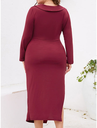 Women‘s Black Dress Cocktail Dress Plus Size Curve Party Dress Bodycon Midi Dress Wine Purple Long Sleeve Ruched Spring Fall Winter V Neck Fashion Winter Dress Birthday