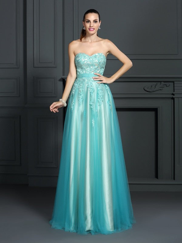 A-Line/Princess Sweetheart Applique Sleeveless Long Elastic Woven Satin Dresses