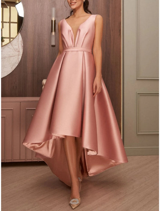 A-Line Cocktail Dresses Party Dress Wedding Wedding Guest Asymmetrical Sleeveless V Neck Satin with Bow(s) Pleats